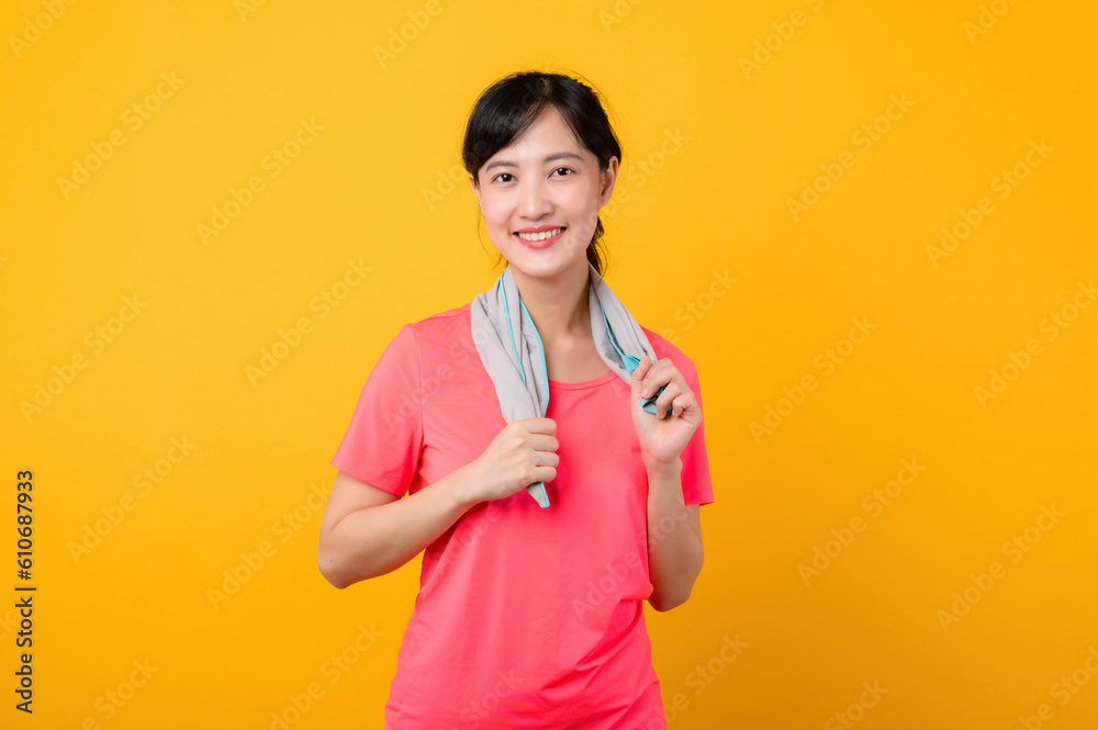 Portrait young asian sports fitness woman happy smile wearing pink sportswear and face towel doing exercise training workout against yellow studio background. wellbeing and healthy lifestyle concept. Portrait young asian sports fitness woman happy smile wearing pink sportswear and face towel doing exercise training workout against yellow studio background. wellbeing and healthy lifestyle concept.