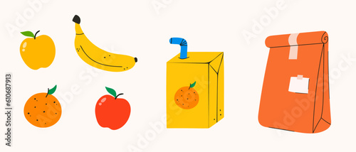 School lunch box set: Lunch bag, yellow and red apple, orange, banana and orange juice with straw. Hand drawn, doodle trendy style. Groovy stickers (Full Vector)