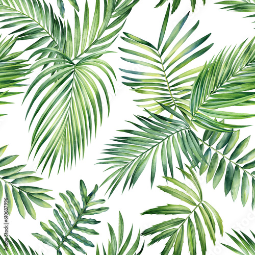 Fototapeta Naklejka Na Ścianę i Meble -  Jungle palm leaves. Tropical background, seamless pattern. Flora painting watercolor