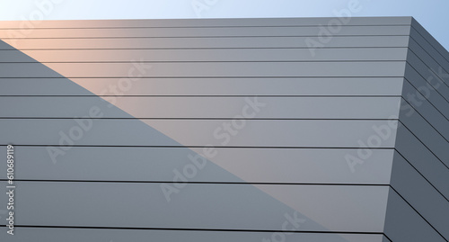 Building from blocks with stripes.Abstract building with an orange ray from the sun. 3D render.