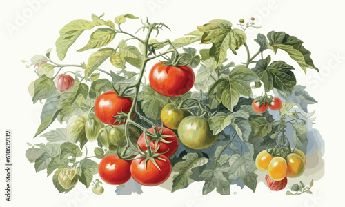 Tomatoes with leaves watercolor