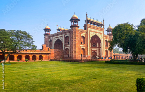 The famous red fort in the city of Agra, India. Tourists visit a popular tourist attraction. photo