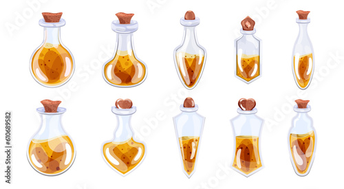 Set of bottles with yellow potion and stopper in cartoon style. isolated. Vector stock illustration. Items for games. White background. Fairy tales. Halloween and holiday. beauty and fashion