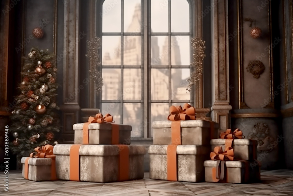 Christmas tree and gift boxes with brown bows in interior. Generative AI
