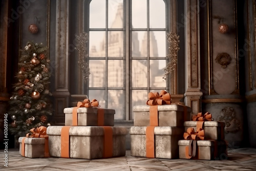 Christmas tree and gift boxes with brown bows in interior. Generative AI © voisine574
