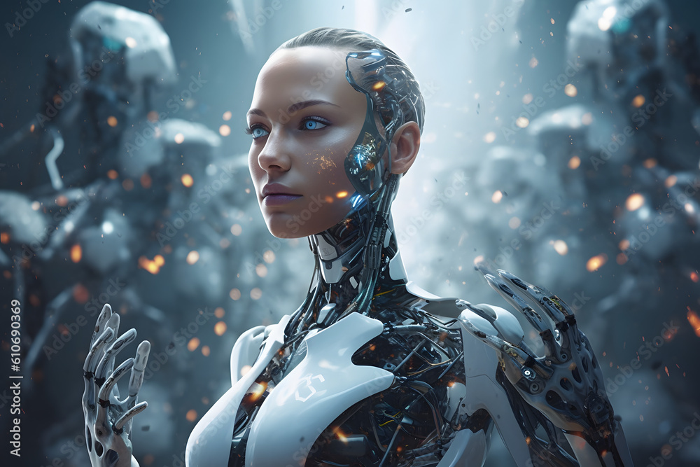 Create a visually captivating image that represents the concept of artificial intelligence and its impact on society, showcasing a humanoid robot interacting with humans in a futuristic setting. Create a visually captivating image that represents the concept of artificial intelligence and its impact on society, showcasing a humanoid robot interacting with humans in a futuristic setting.