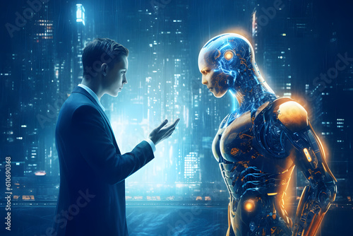 Create a visually captivating image that represents the concept of artificial intelligence and its impact on society, showcasing a humanoid robot interacting with humans in a futuristic setting.