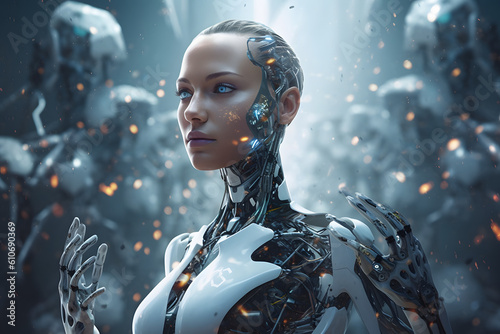 Create a visually captivating image that represents the concept of artificial intelligence and its impact on society, showcasing a humanoid robot interacting with humans in a futuristic setting.