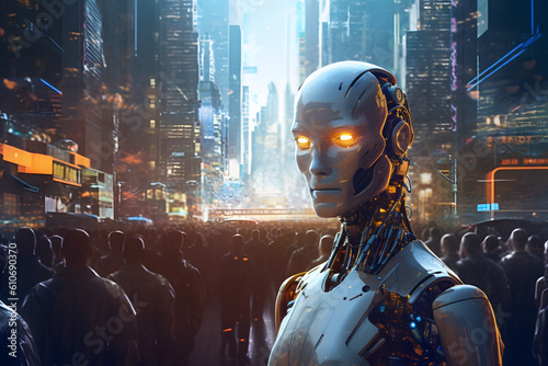 Create a visually captivating image that represents the concept of artificial intelligence and its impact on society, showcasing a humanoid robot interacting with humans in a futuristic setting.