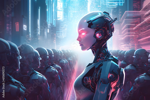 Create a visually captivating image that represents the concept of artificial intelligence and its impact on society, showcasing a humanoid robot interacting with humans in a futuristic setting.