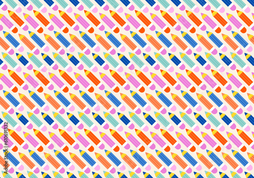 Vibrant Color Back To School background, seamless pattern with pens and pencils