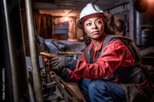 A young black female plumber working to fix a problem in a house. Generative AI. 