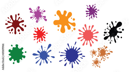 Set of Ink Splash icon. Paint splatter colorful set. Round splash flat collection  decorative shapes liquids.