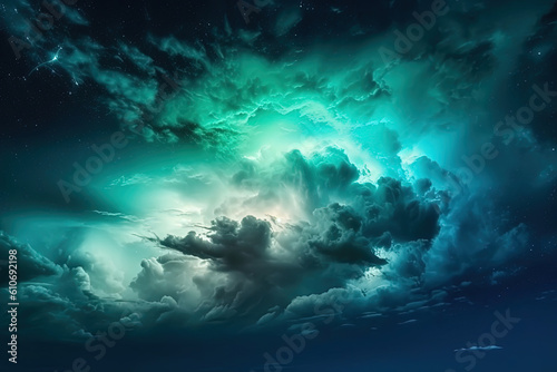 Black, blue, green, and teal night sky adorned with clouds, symbolizing stormy weather with wind and rain. The dramatic dark skies background features glows, lights, and occasional lightning