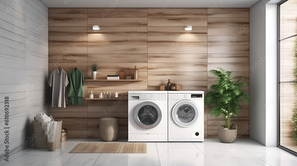 Laundry room , basket, flowers, and shelving.