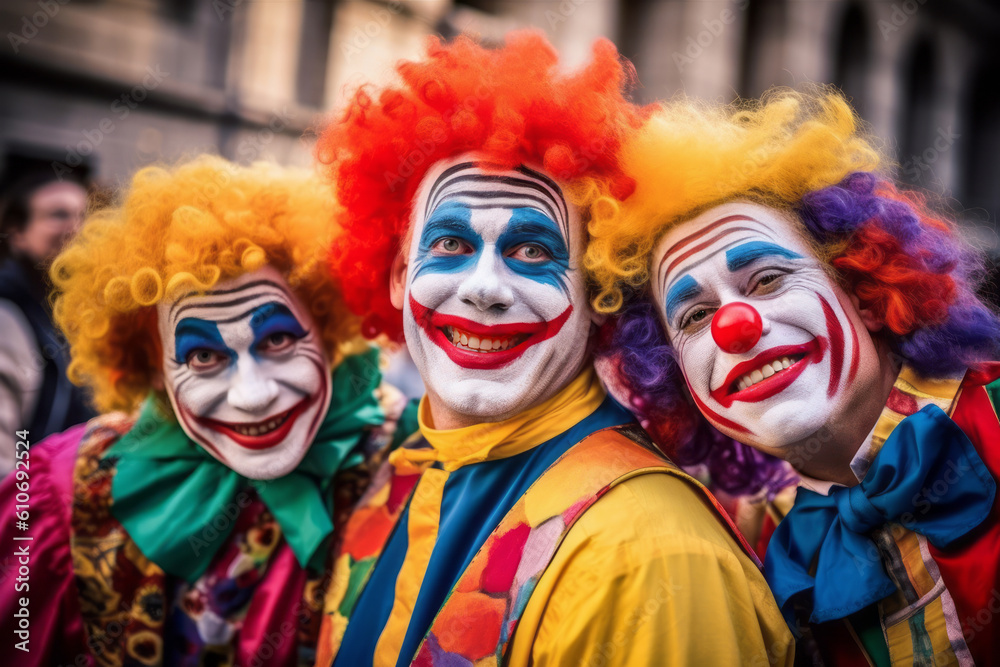 Circus Clown Laughter: Colorful Clowns Entertaining a Captivated Audience. Generative AI