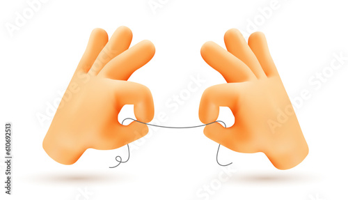Vector illustration of hand gesture sign ok with finger and hold thread on white color background. 3d style emoji design of man hand