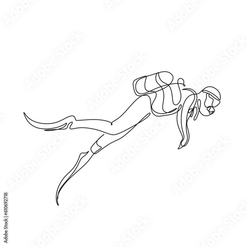 Single continuous line art drawing scuba diving. Underwater sport concept. Trendy summer sea ocean one-line draw design vector illustration