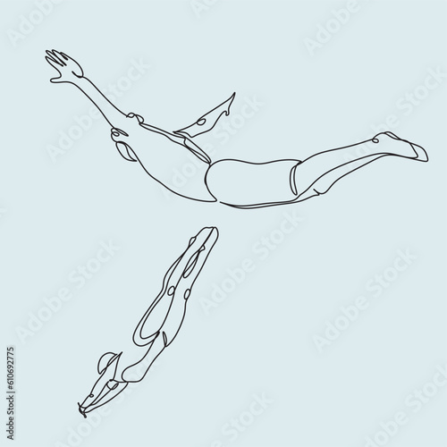 Vector line art jumping in the water. Summer sea or ocean swimmer jumping in the swimming pool. Man jumping in summer vocations 