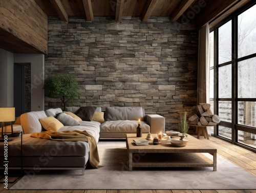 Stone and Wood Rustic Interior Design Concept, with Modern and Contemporary Furnitures. Spacious and Bright Living Room with a great view. Generative AI illustration. © Tuyres