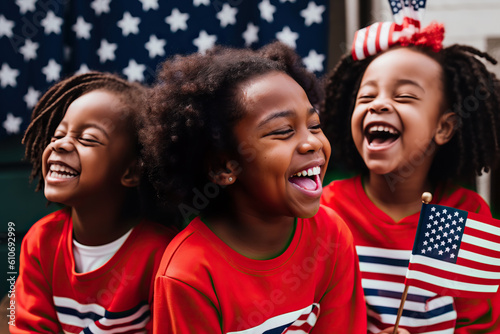 Generative Ai illustration realistic of joyful African American children with US flags laughing with closed eyes during Independence Day celebration photo