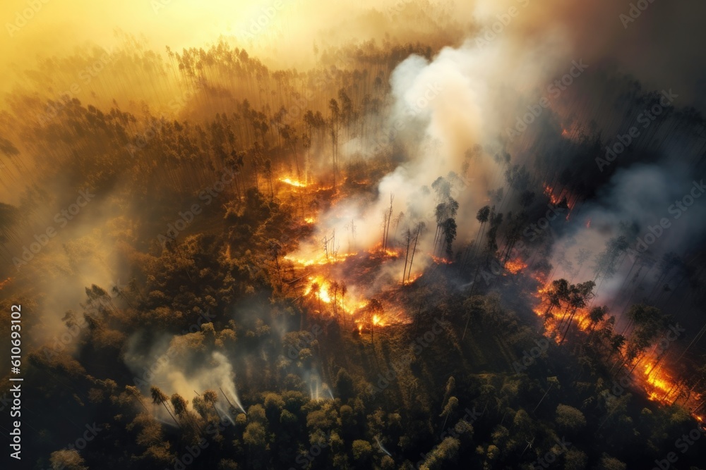 Extreme forest fire. generated image. Hyperrealistic. The effects of global climate change. Extreme weather causing forest fires.