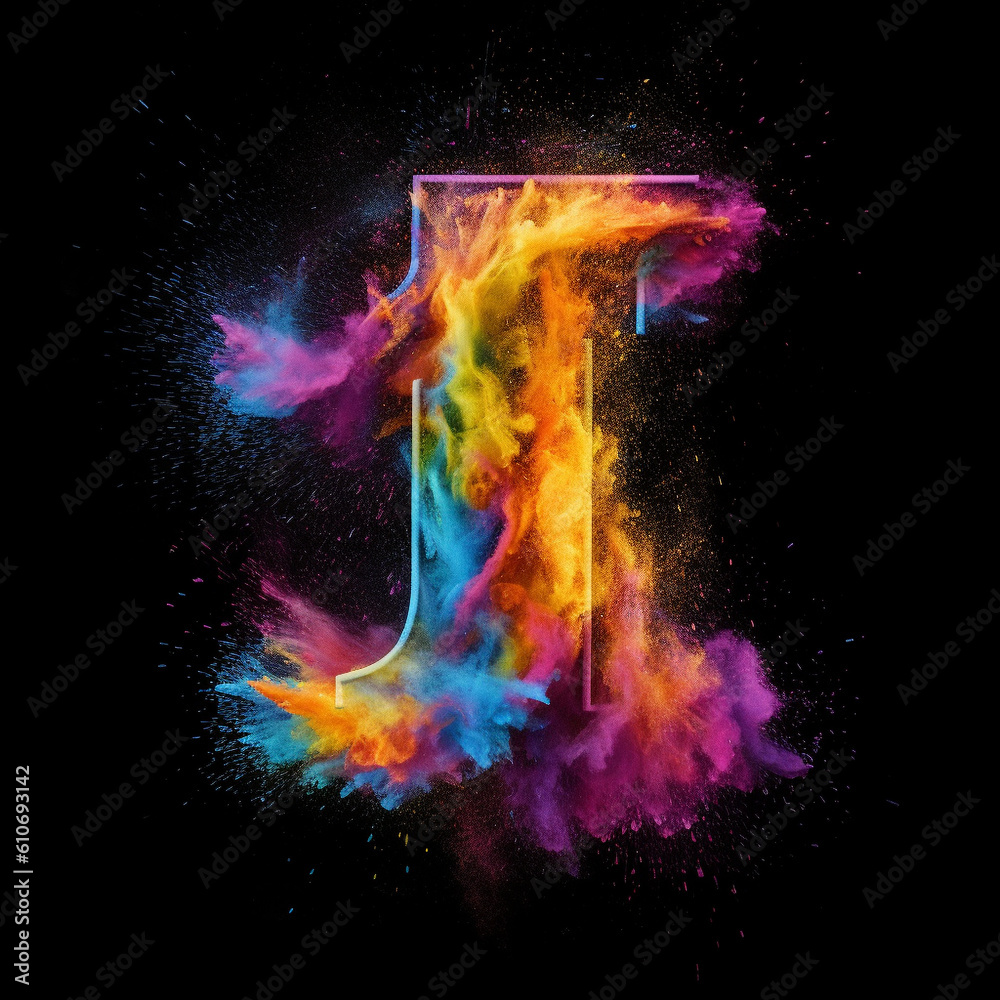 Fototapeta premium Generative ai. Capital letter alphabet holi colors powder splash on black background