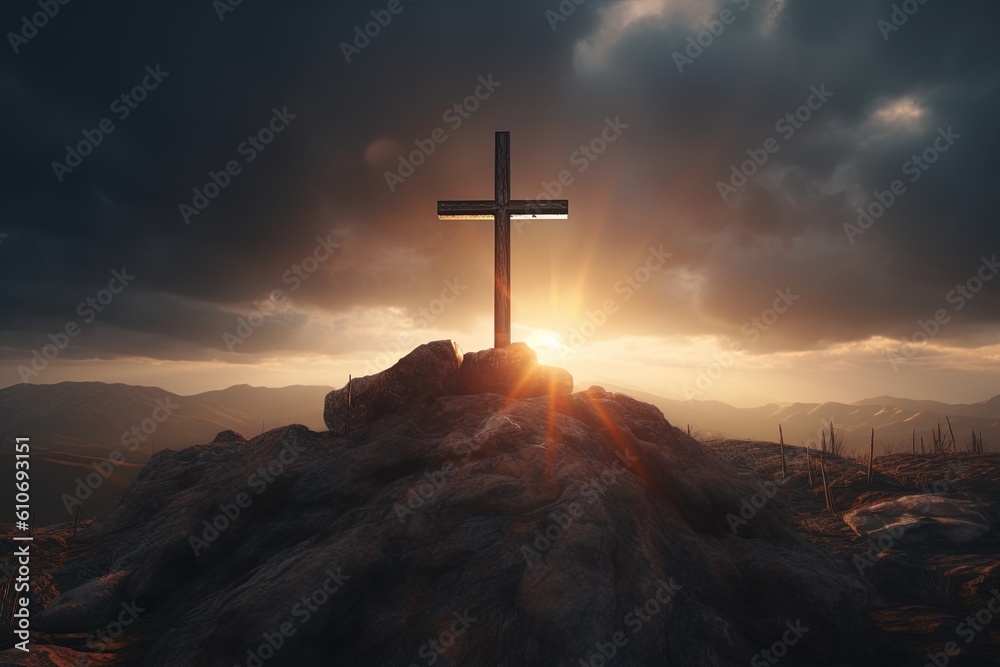 Cross on the top of the mountain with sunset background.Generative Ai