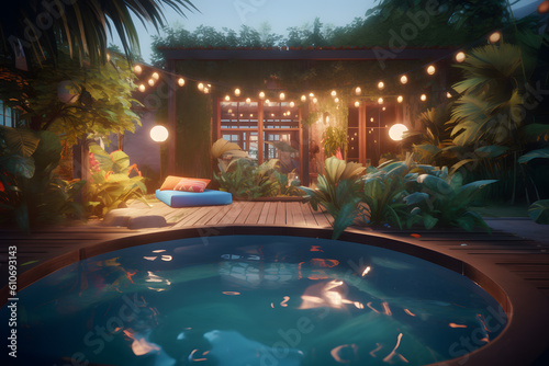 Generative AI illustration of swimming pool with glowing garlands and exotic plants in tropical resort during vacation photo