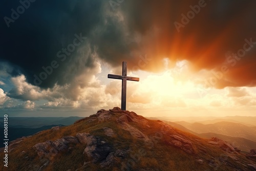 Leinwand Poster Cross on the top of the mountain with sunset background