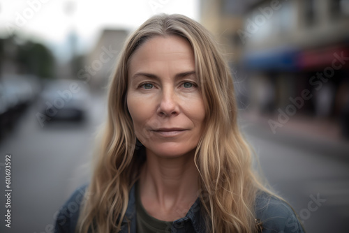 Wallpaper Mural Generative AI illustration of positive middle age female with long blond hair smiling and looking at camera while standing on street in city Torontodigital.ca