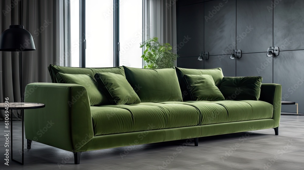 Big Sofa in Modern Room Interior, Luxury Home Furniture, Green Sofa, Abstract Generative AI Illustration Big Sofa in Modern Room Interior, Luxury Home Furniture, Green Sofa, Abstract Generative AI Illustration