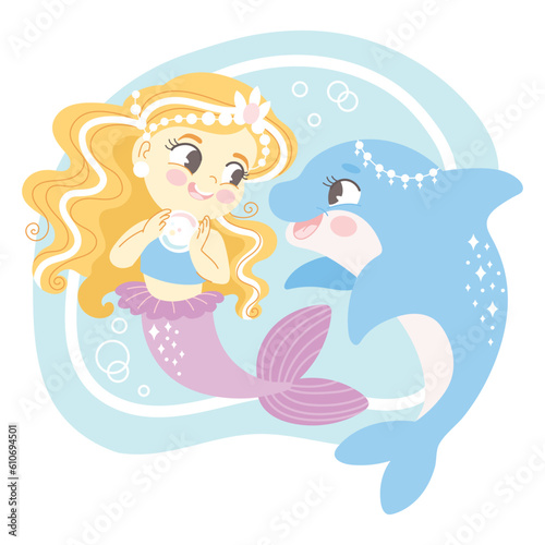 Cute cartoon blonde haired mermaid with a dolphin vector illustration