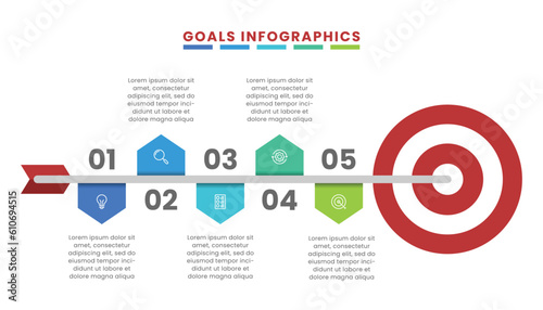 Goal infographic template design with five steps and icons