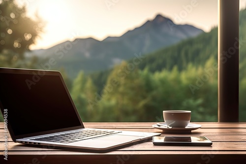 Laptop, Coffee, and the Sunset. Perfect Online Workstation on a Wooden Table. Work online concept