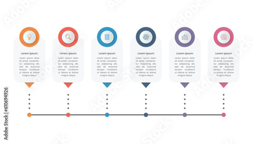 Timeline business infographic template design with six options and icons