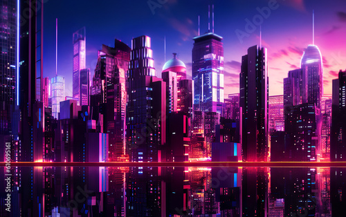 An illustration of a futuristic city at night and a sci-fi vision of a futuristic neon city with bright blue, purple and red lights every day. AI generated.