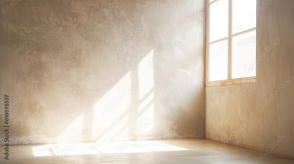 Minimalistic Aged Sunny White Room with Blank Wall and Sunny Window. AI generative. Bright Warm Tones, Mock Up. Minimalistic Aged Sunny White Room with Blank Wall and Sunny Window. AI generative. Bright Warm Tones, Mock Up.