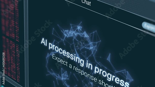 Futuristic chat ai user interface in action, artificial intelligence system, chatting with a bot, dynamics elements, advanced ai technology (3d render)