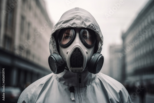 Generative AI illustration of unrecognizable man in a protective suit gas mask and looking away standing on a city street with a blurred background photo