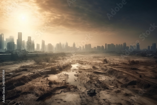 Generative AI illustration of post disaster landscape of city with buildings and skyscrapers under black cloudy sky with environmental pollution photo