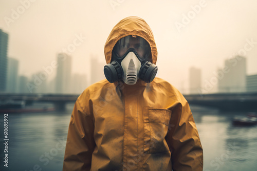 Generative AI image of anonymous person wearing protective yellow suit and gas mask and looking at camera while standing near river