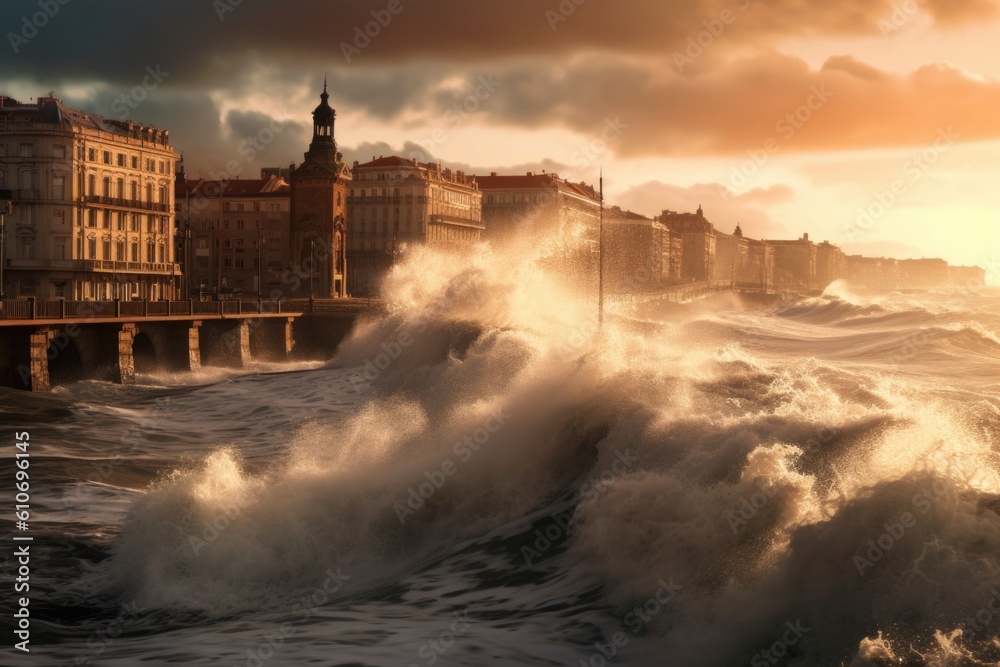 Generated image of an extreme storm hitting the city coast. Big waves and water splashing. Natural disaster. The effects of global climate change.