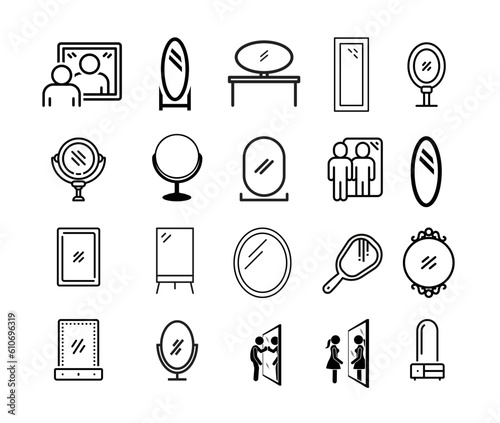 Mirror, reflection flat line icons set. Various mirrors - round, makeup, full length, bathroom interior vector illustrations.