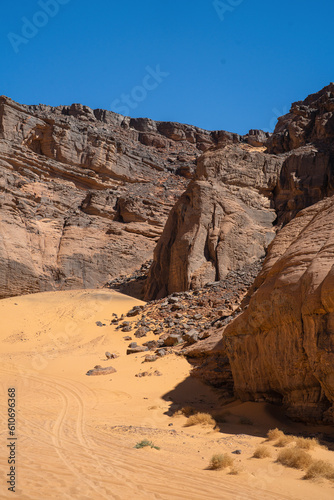 view in the Sahara desert of Tadrart rouge tassili najer in Djanet City ,Algeria.colorful orange sand, rocky mountains