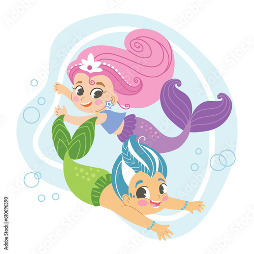 Cute cartoon swimming mermaids friends vector illustration