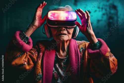 Generative AI illustration of attentive senior Chinese woman in an authentic dressing gown with colored virtual reality glasses with her arms raised