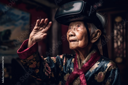 Generative AI illustration of attentive senior Chinese woman in authentic robe looking away with interest while exploring virtual reality in goggles photo