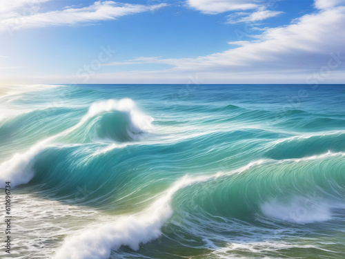 Majestic ocean wave with blue sky background  created with generative AI technology