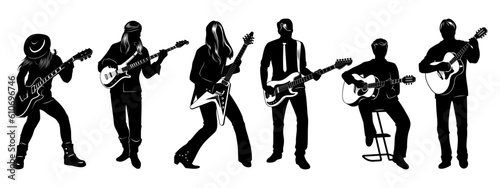 Guitarists Silhouette Set. Men playing on electric and acoustic guitars. Vector cliparts isolated on white.